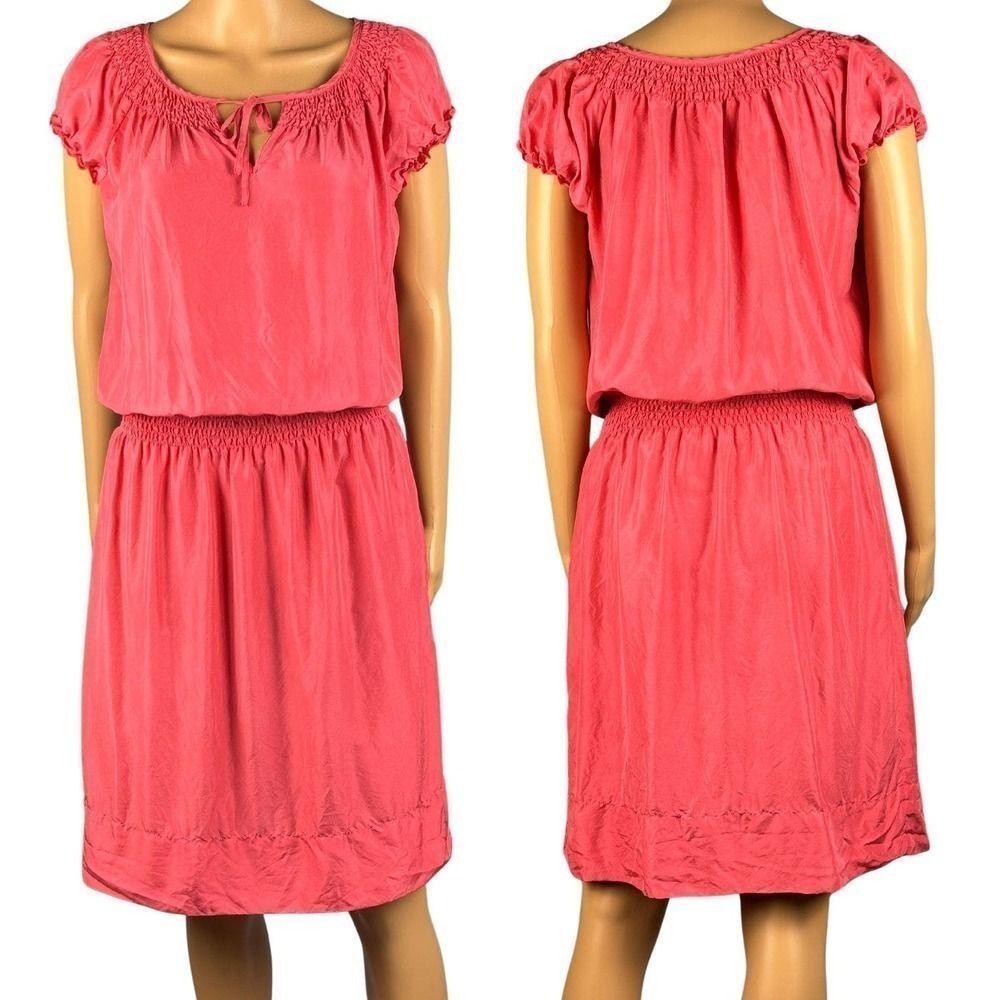 Talbots Petites 100% Silk Coral Dress Sz Small Puffed Short‎ Sleeve Side Pockets